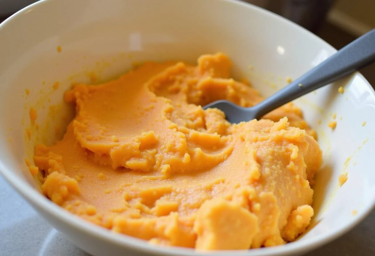 Mixing mashed sweet potatoes with flour and sugar to prepare broas de batata doce.