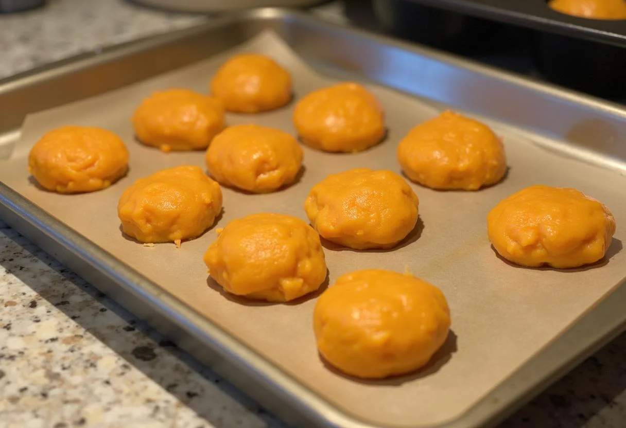 Dough balls for broas de batata doce ready to be baked on a tray.