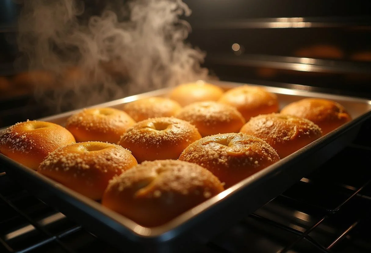 Freshly baked broas de batata doce coming out of the oven, showcasing their golden color.