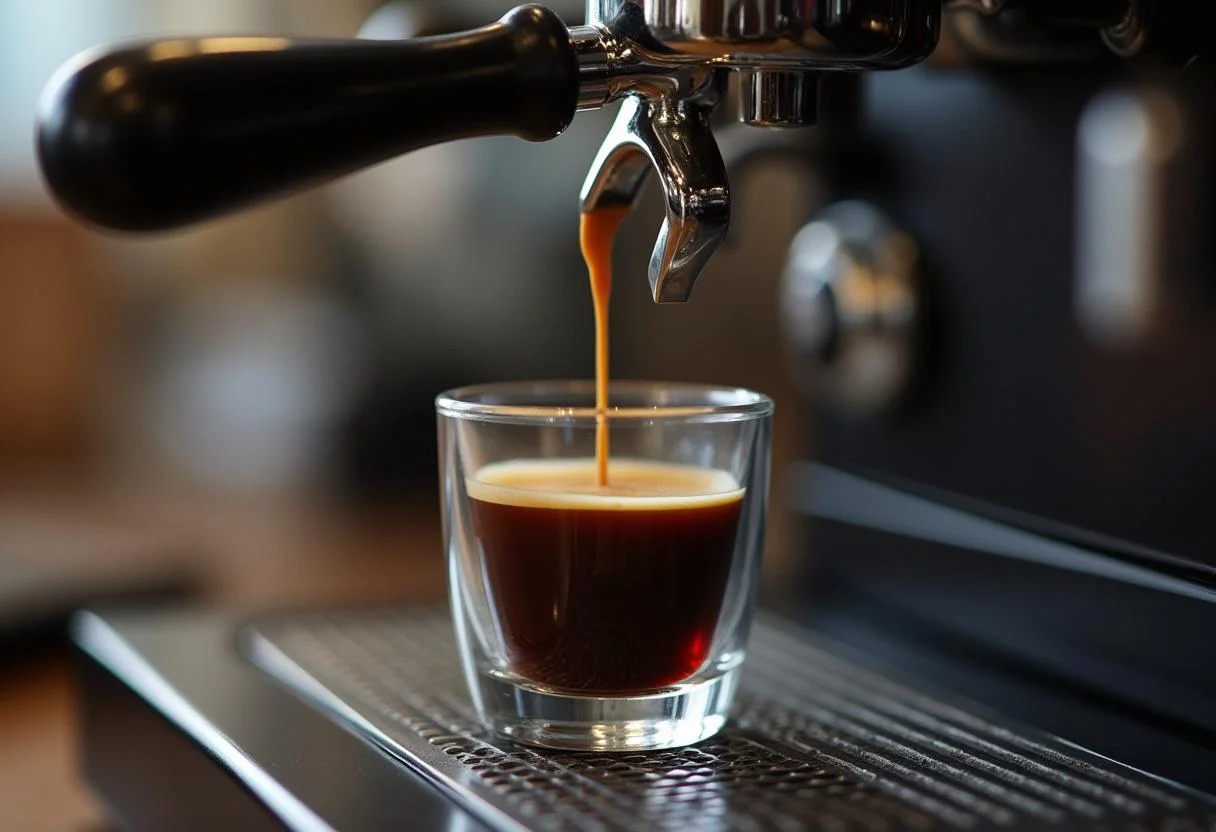 Extraindo uma dose fresca de expresso para a receita de café pingado.