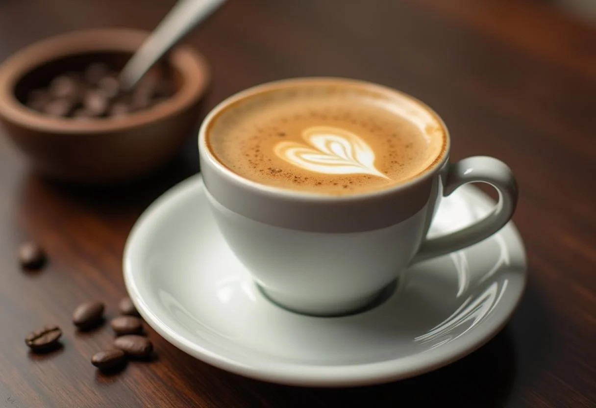 Montando o café pingado com expresso e leite quente em um ambiente aconchegante.