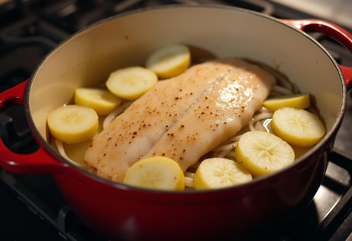 Ingredients for caldeirada de bacalhau in a pot, showcasing layers of cod and vegetables.