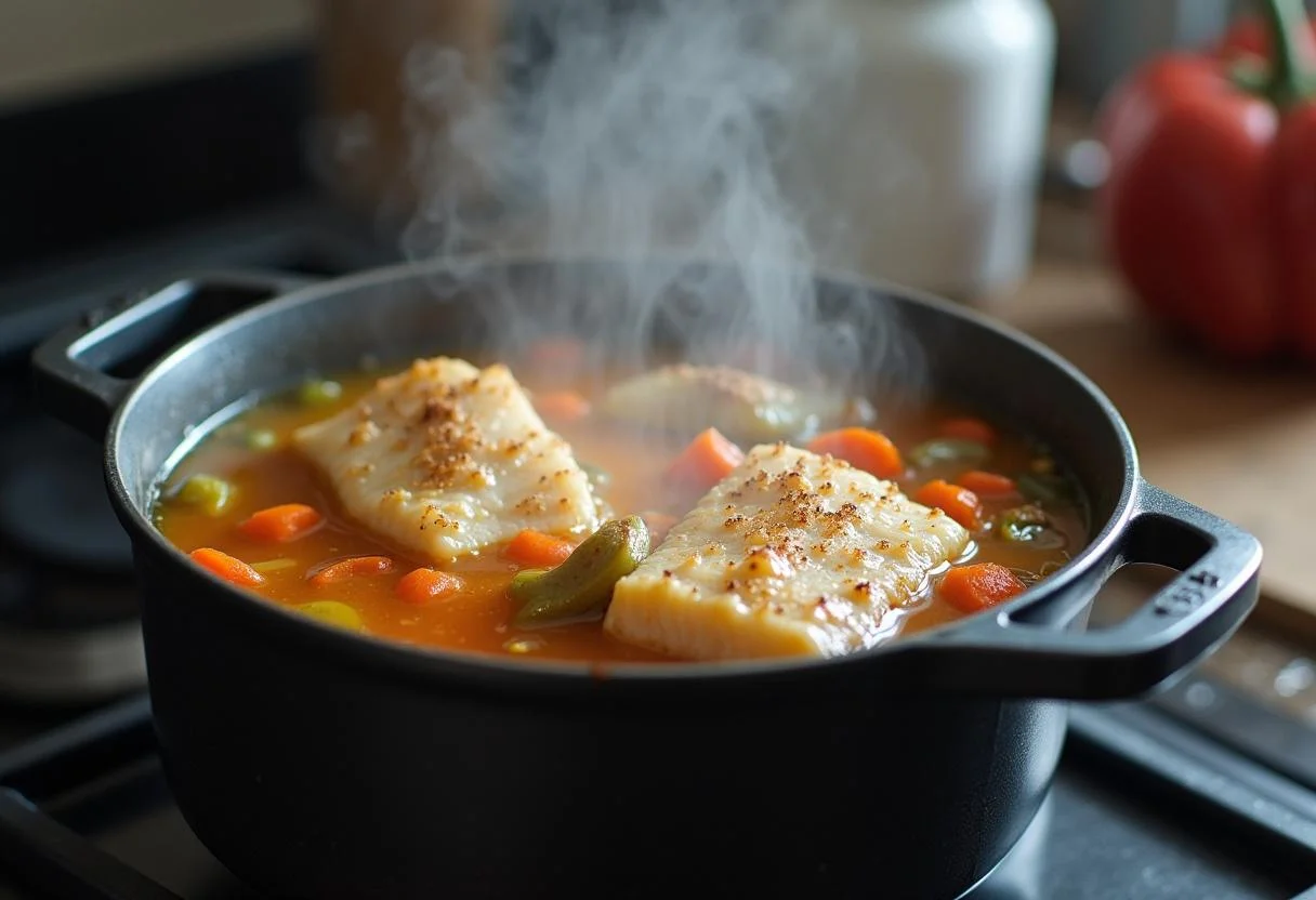 Caldeirada de bacalhau simmering on the stove, showcasing the cooking process.
