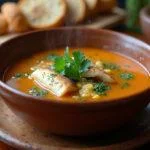 Caldeirada de peixe pronta para servir, deliciosa e acompanhada de pão crocante.