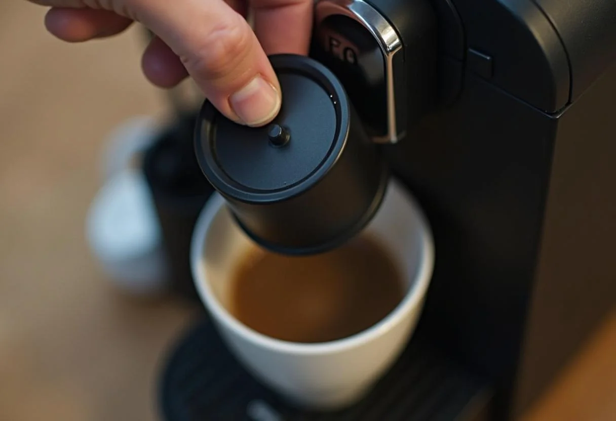 Colocando a cápsula de café na máquina de expresso para preparar café.