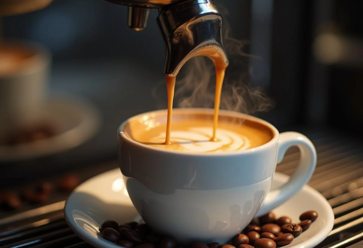 Café expresso sendo preparado com uma cápsula de café na máquina.