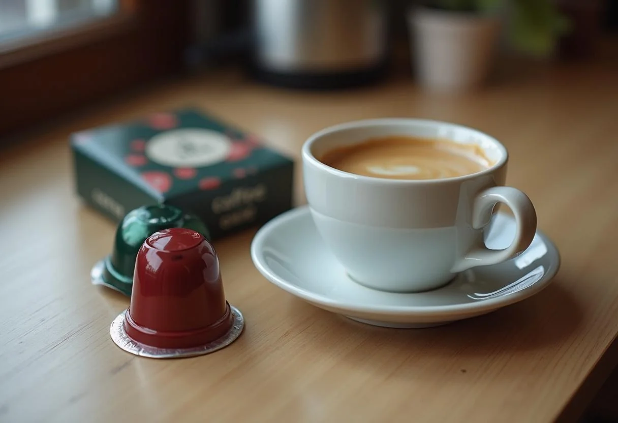 Copo de café expresso pronto ao lado da embalagem de cápsulas de café.