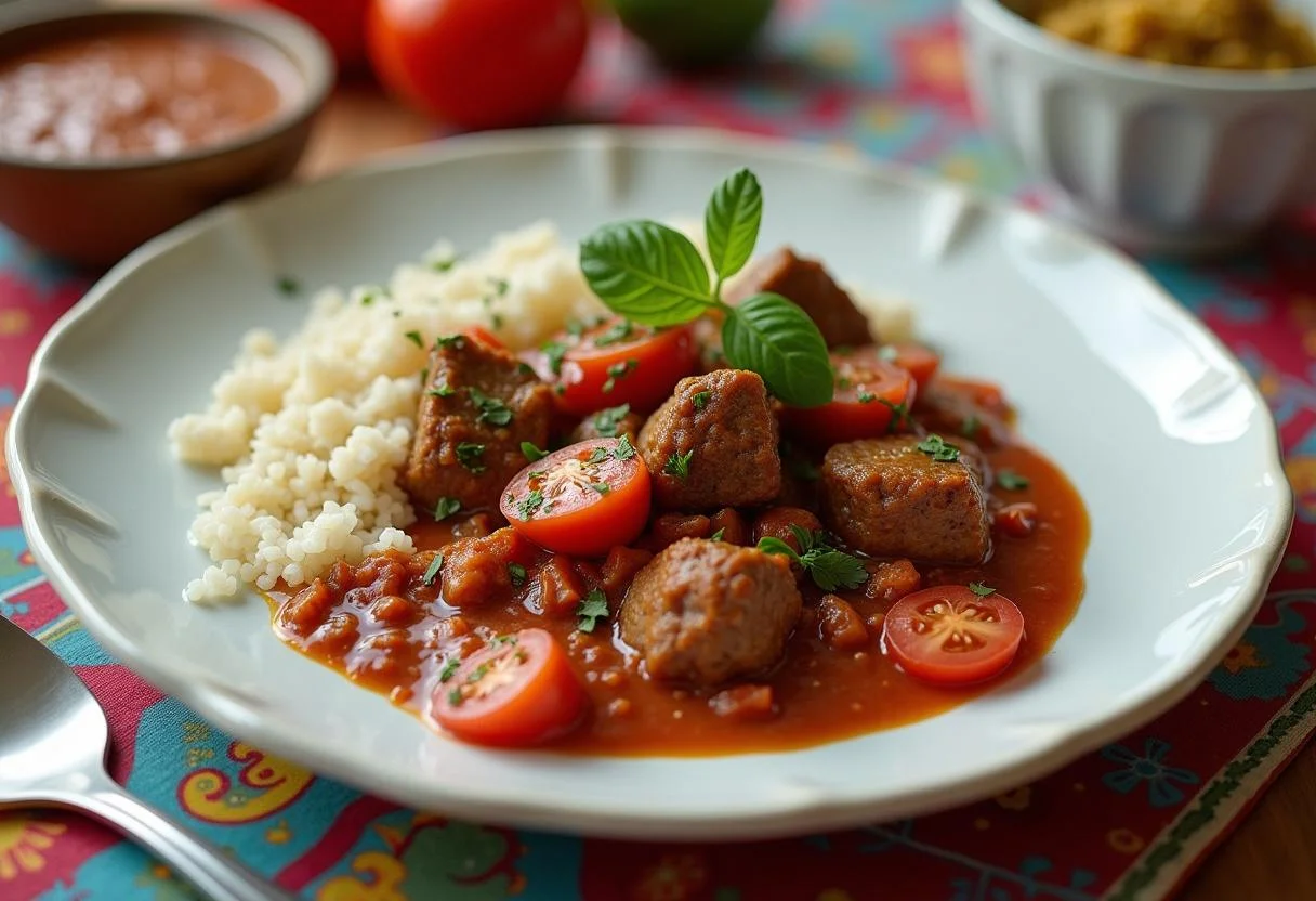 Final presentation of Carne de Coração com Tomate, a delicious dish served with rice and fresh herbs.