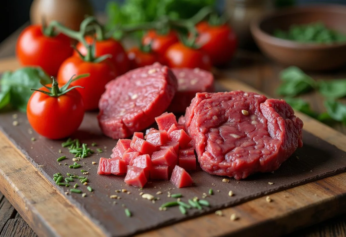 Diced coração de boi and fresh tomates on a cutting board, preparing for Carne de Coração com Tomate.