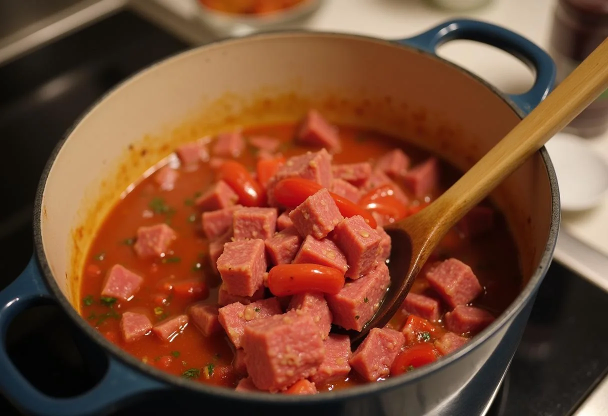 Adding coração de boi and tomates to the pot for Carne de Coração with fresh ingredients.