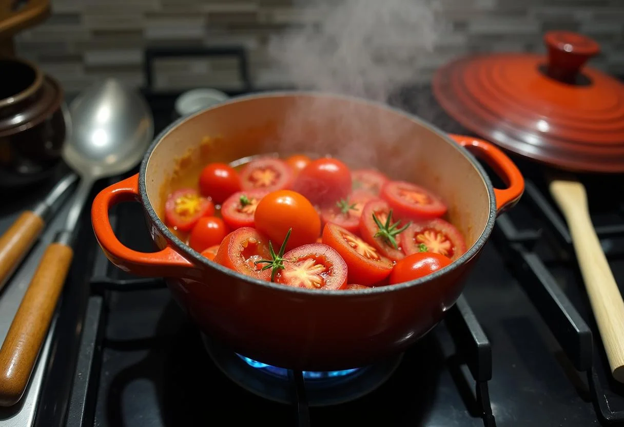 Simmering Carne de Coração com Tomate on the stove, a flavorful dish coming together.