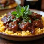 Delicious carne de vaca estufada served with rice, perfect for a comforting meal.