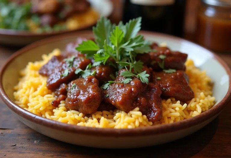 Delicious carne de vaca estufada served with rice, perfect for a comforting meal.