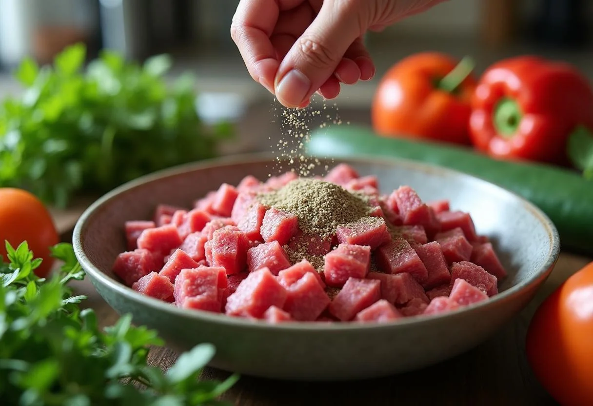 Diced beef seasoned with salt and pepper for carne de vaca estufada.