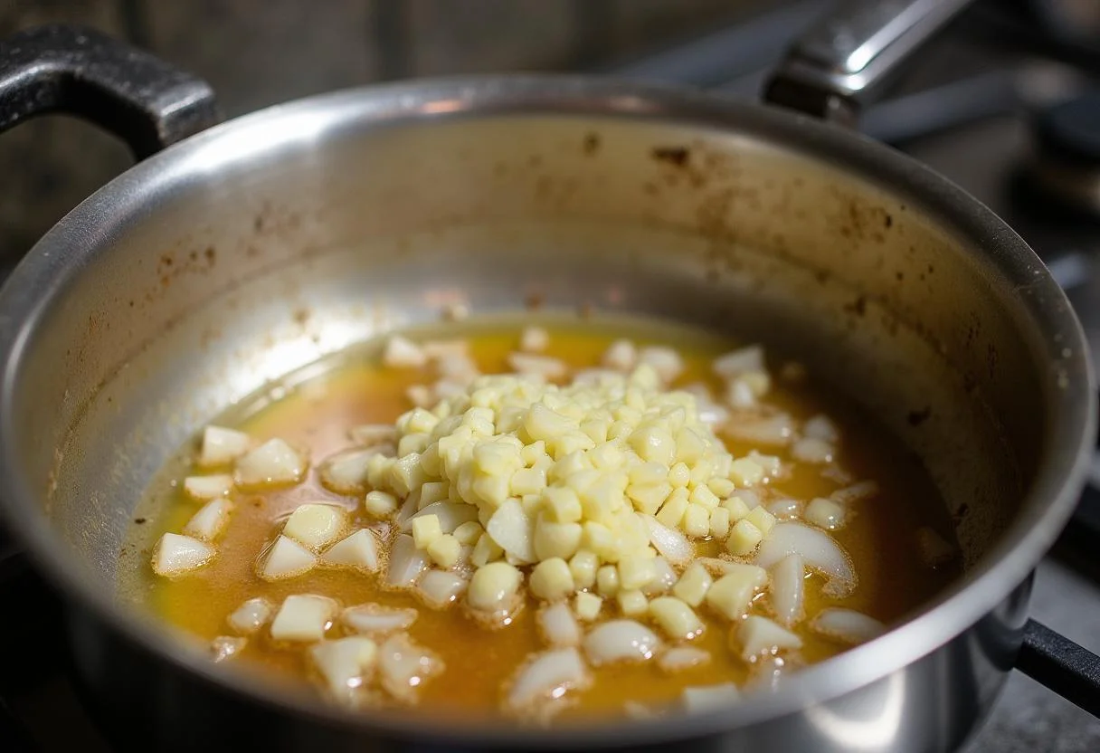Onions and garlic sautéing in a pot for carne de vaca estufada.