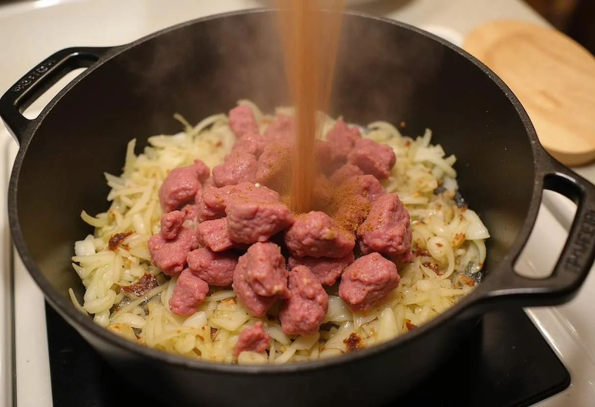 Adding seasoned beef to the sautéed onions and garlic for carne de vaca estufada.