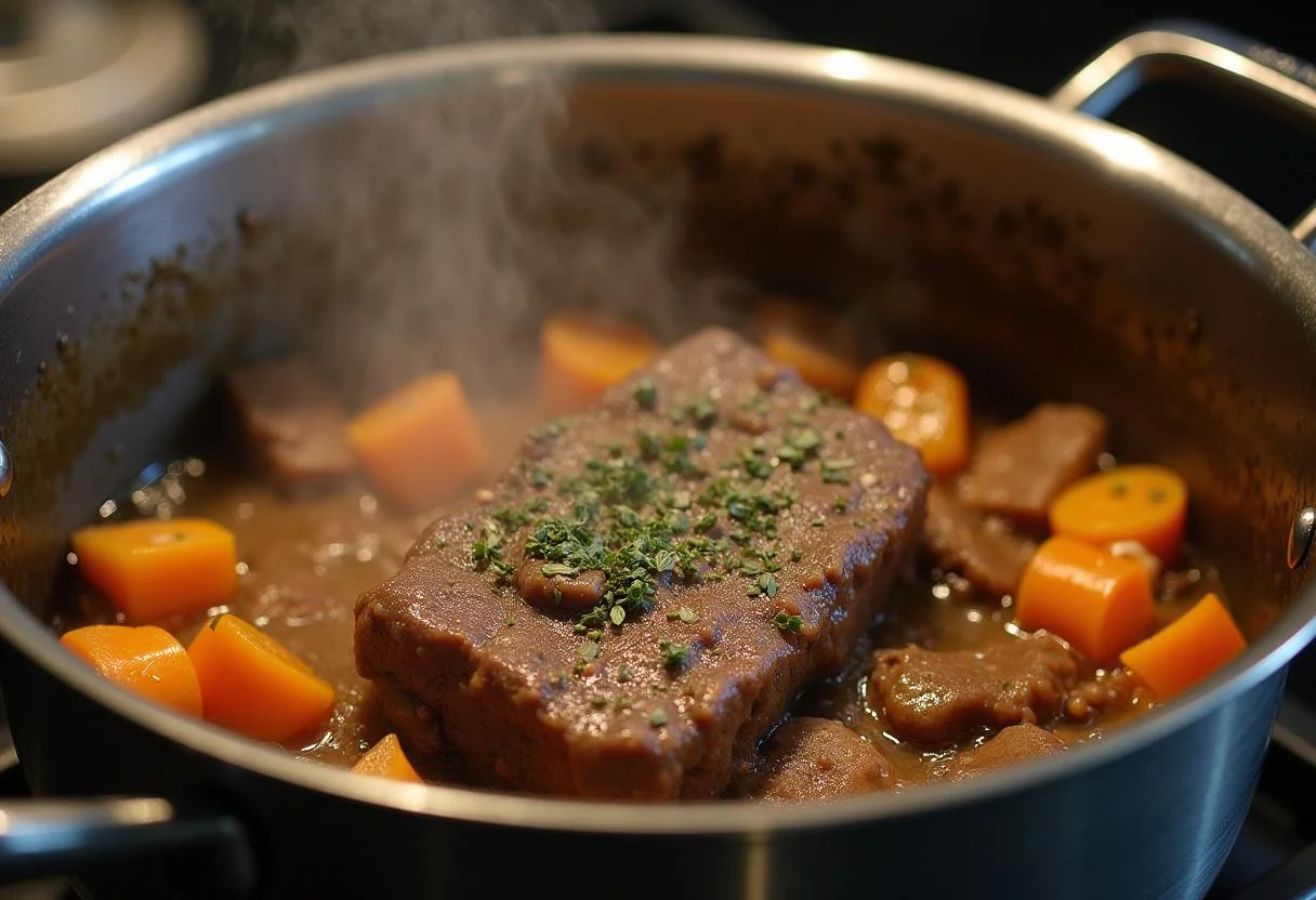 Beef and vegetables simmering in the pot for carne de vaca estufada.