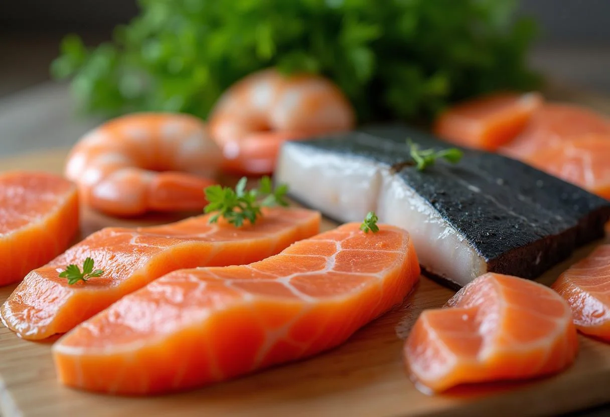 Diversos filetes de peixe fresco e marisco preparados para cataplana de peixe.