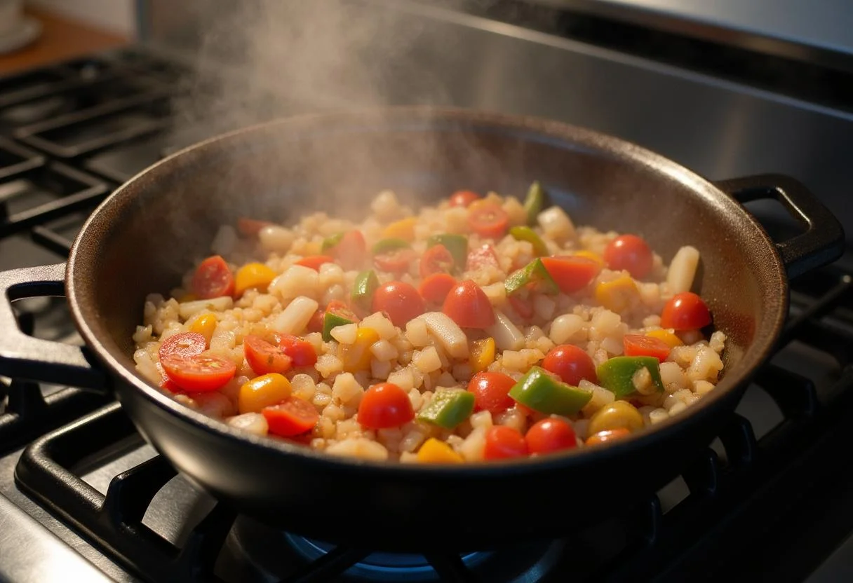 Refogando legumes numa cataplana para receita de cataplana peixe.