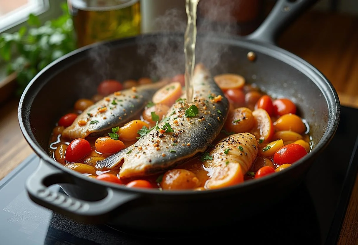 Adicionando peixe fresco e marisco aos legumes numa cataplana para cataplana de peixe.