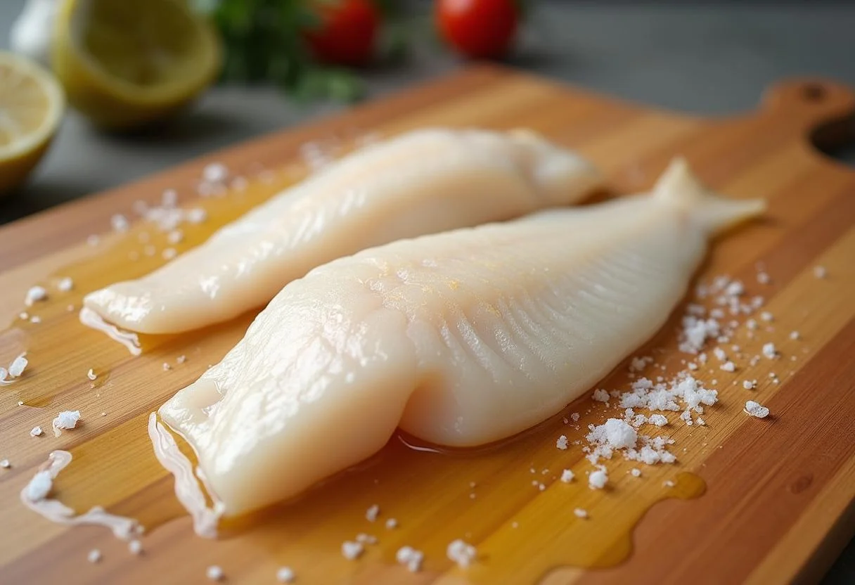 Fillet of cavala peixe on a cutting board with olive oil and salt for Simple Baked Cavala recipe.
