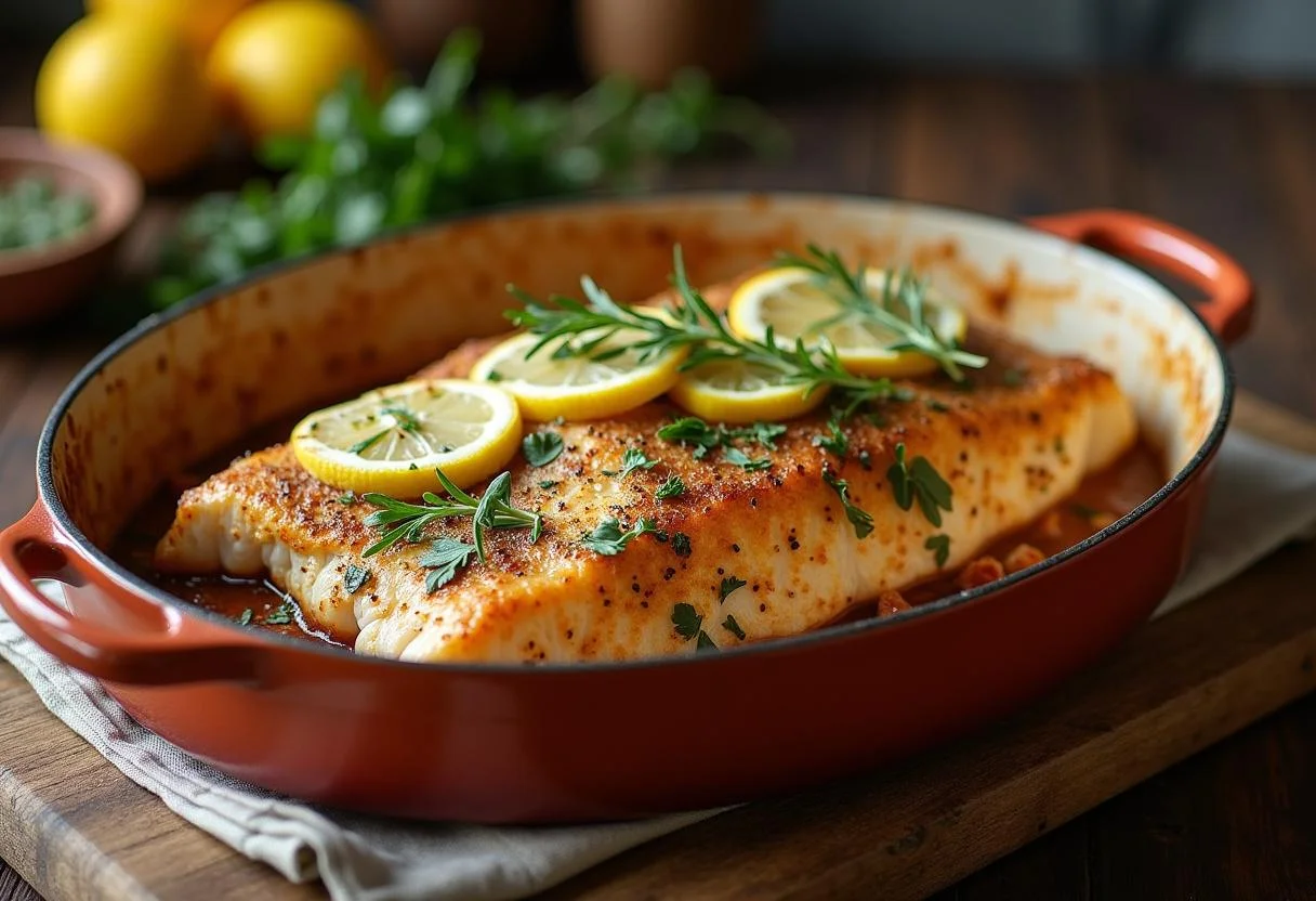 Seasoned cavala peixe in a baking dish with lemon and herbs for Simple Baked Cavala preparation.