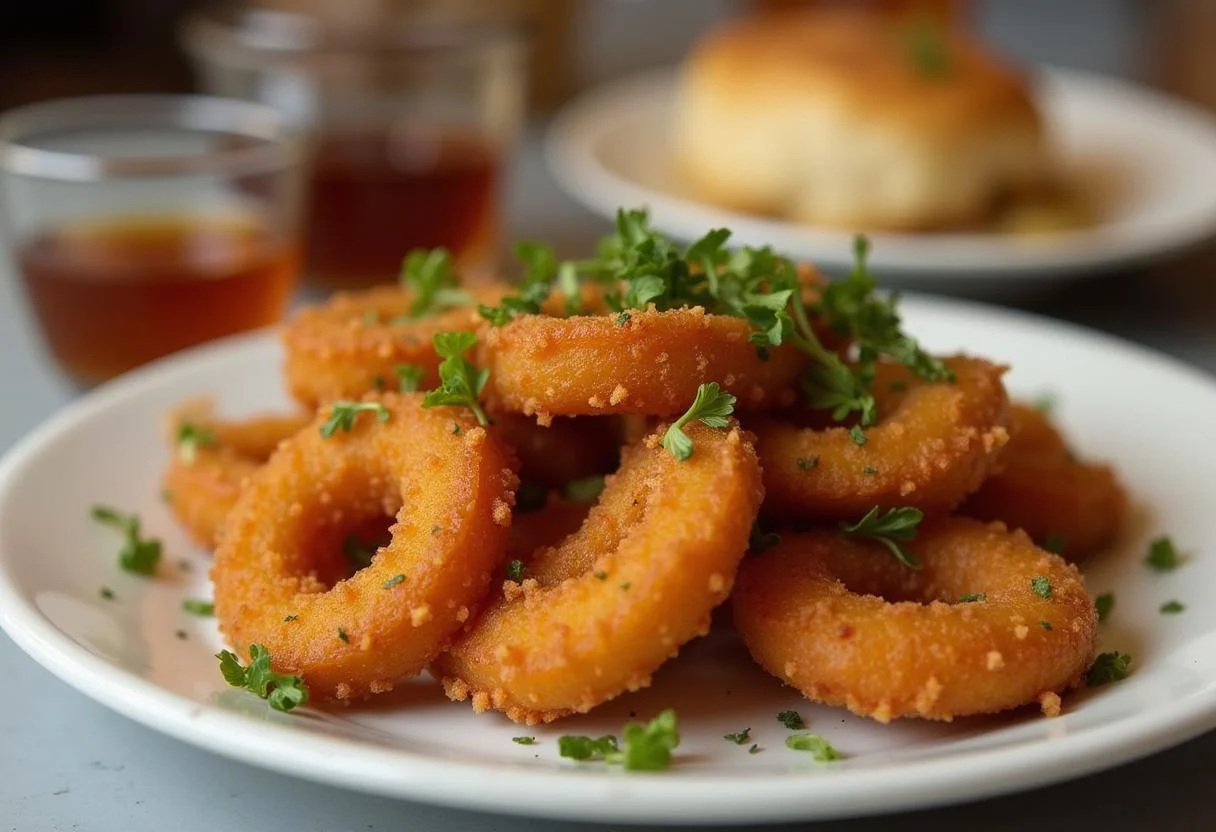 Crunchy cebola frita crocante served on a plate, perfect for enhancing meals.