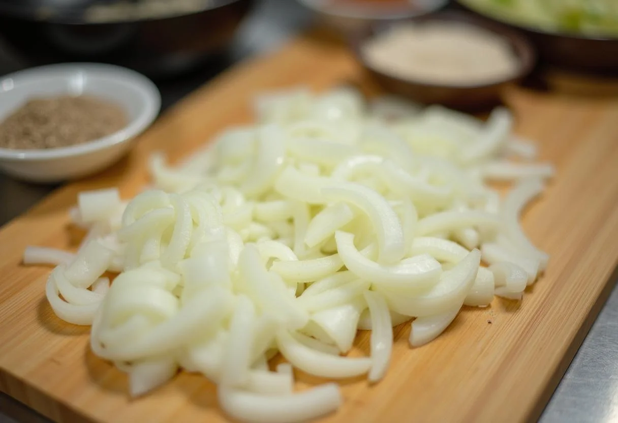 Thinly sliced onions prepared for making cebola frita crocante.