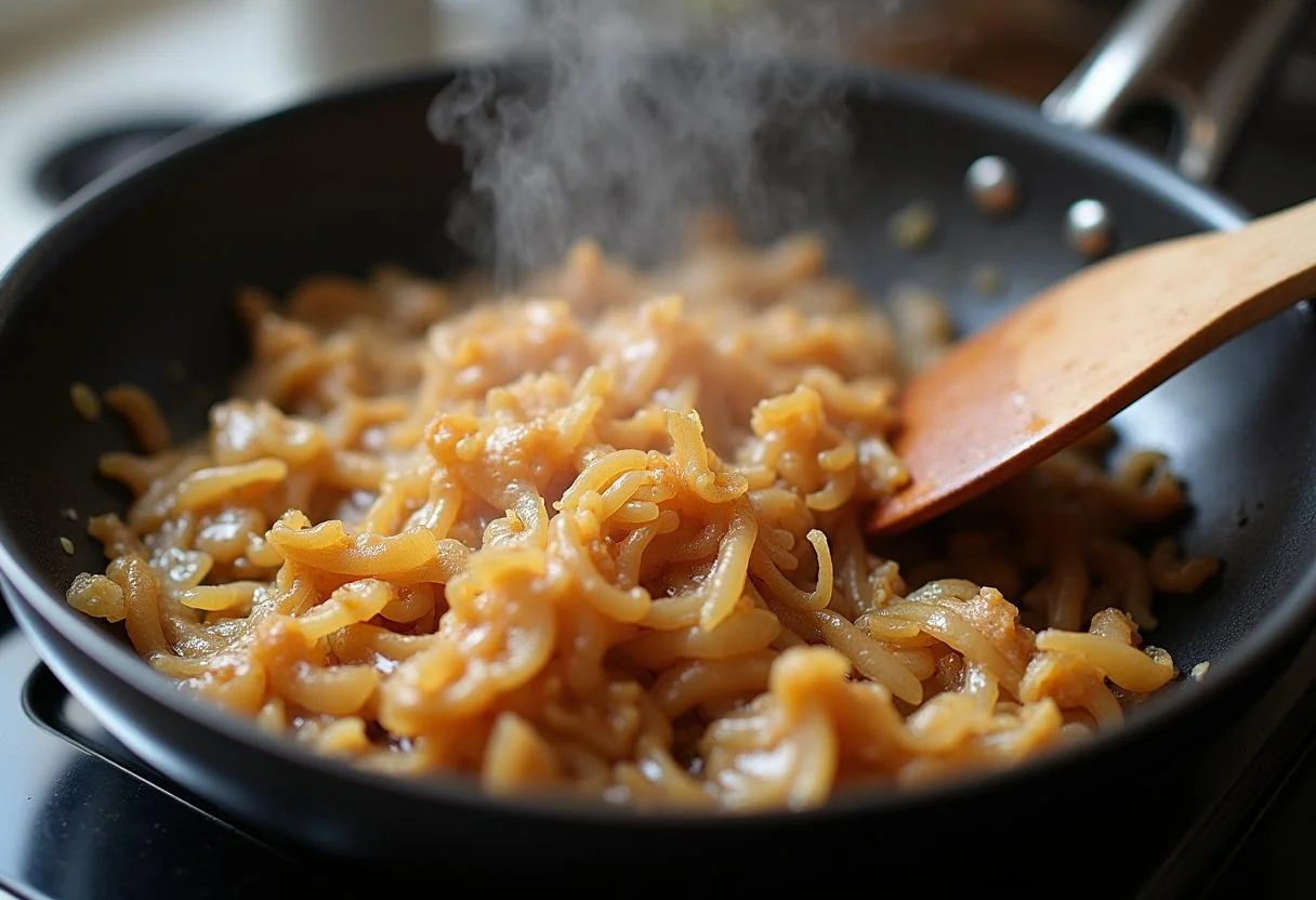 Golden brown onions frying until crispy for cebola frita crocante.