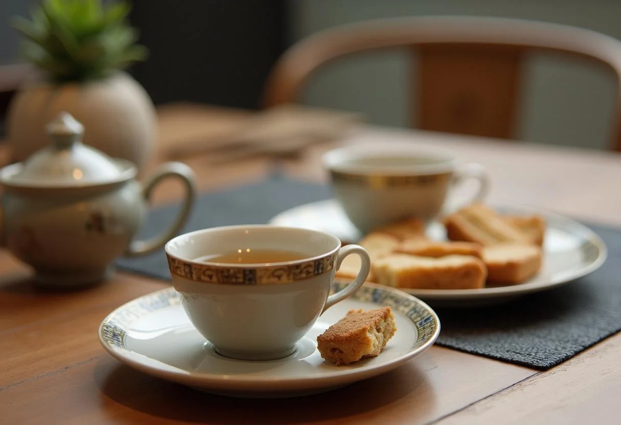 Enjoying chá kukicha beneficios with cups of tea and light snacks for a perfect tea time.