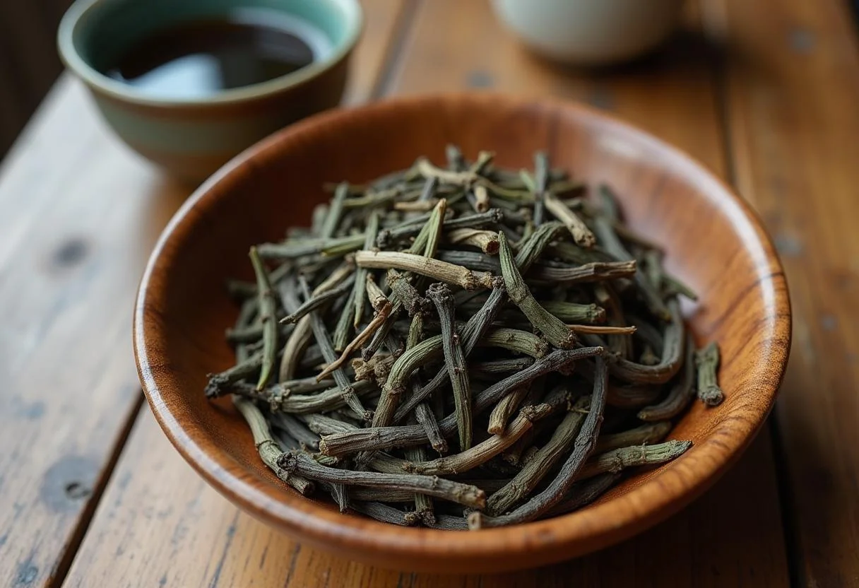 Dried kukicha tea twigs and leaves ready to brew for chá kukicha beneficios.