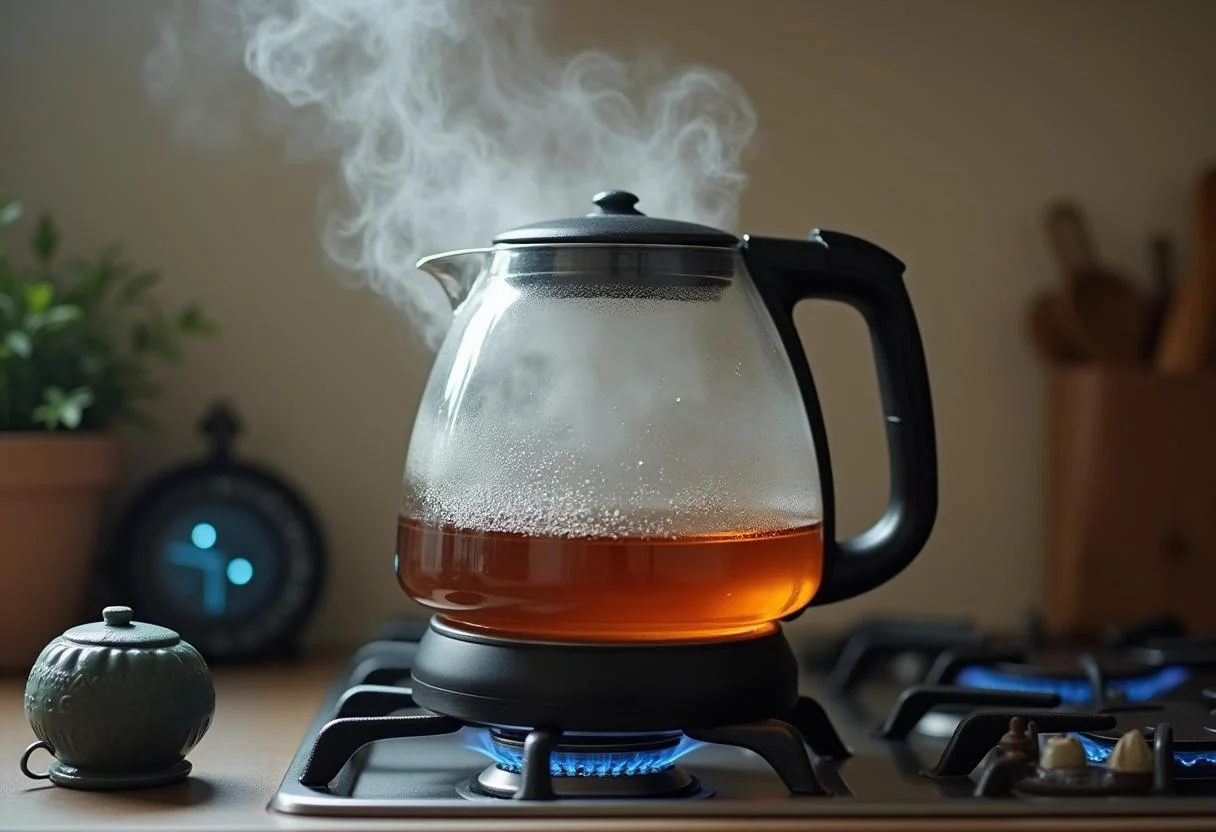 Boiling water prepared for steeping kukicha tea for chá kukicha beneficios.