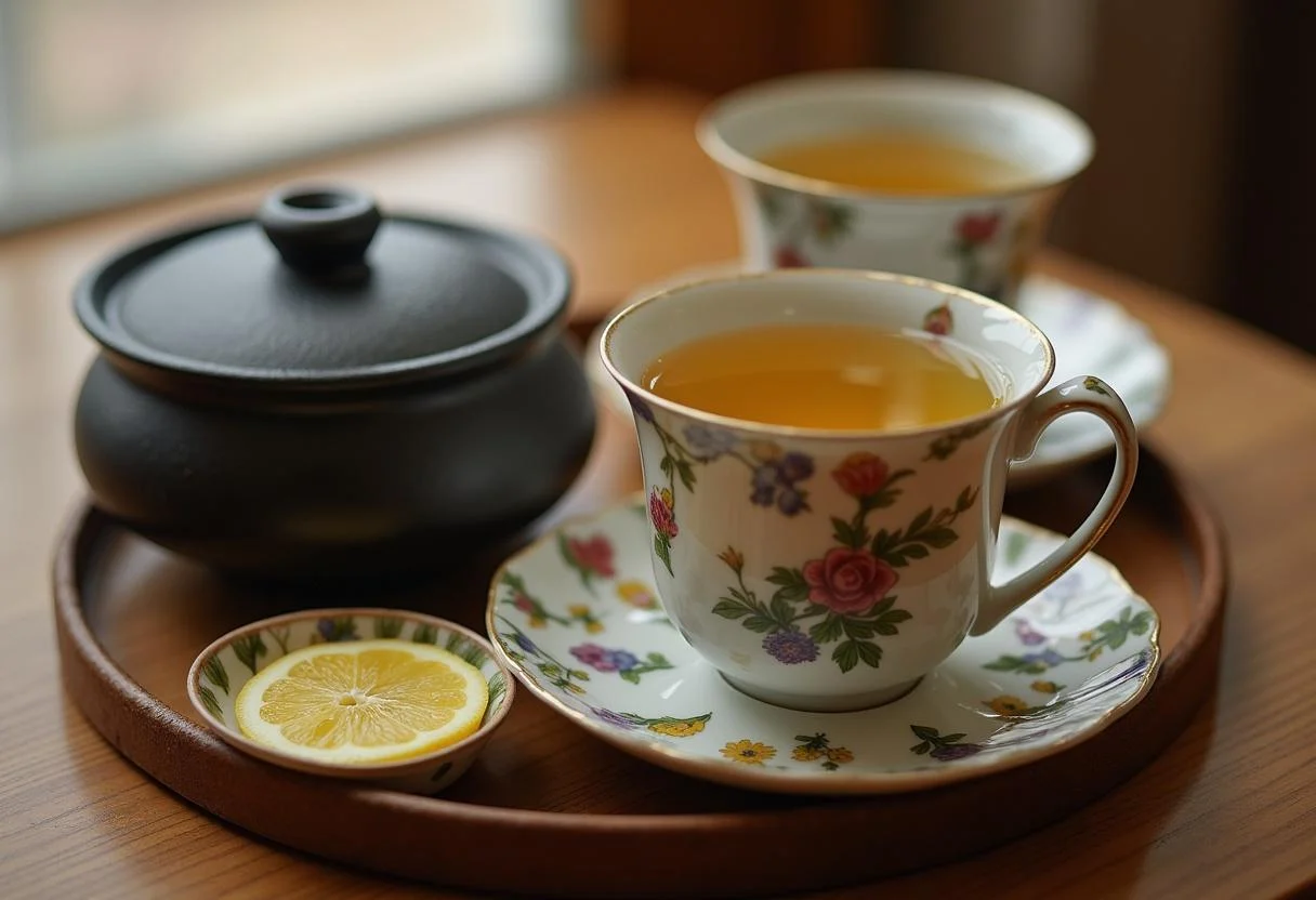 Cozy tea setup with cups of refletive kukicha tea for enjoying chá kukicha beneficios.