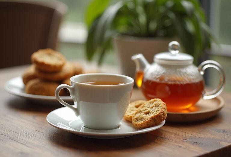 Apresentação do chá príncipe saudável com xícara e bule, perfeita para momentos relaxantes.