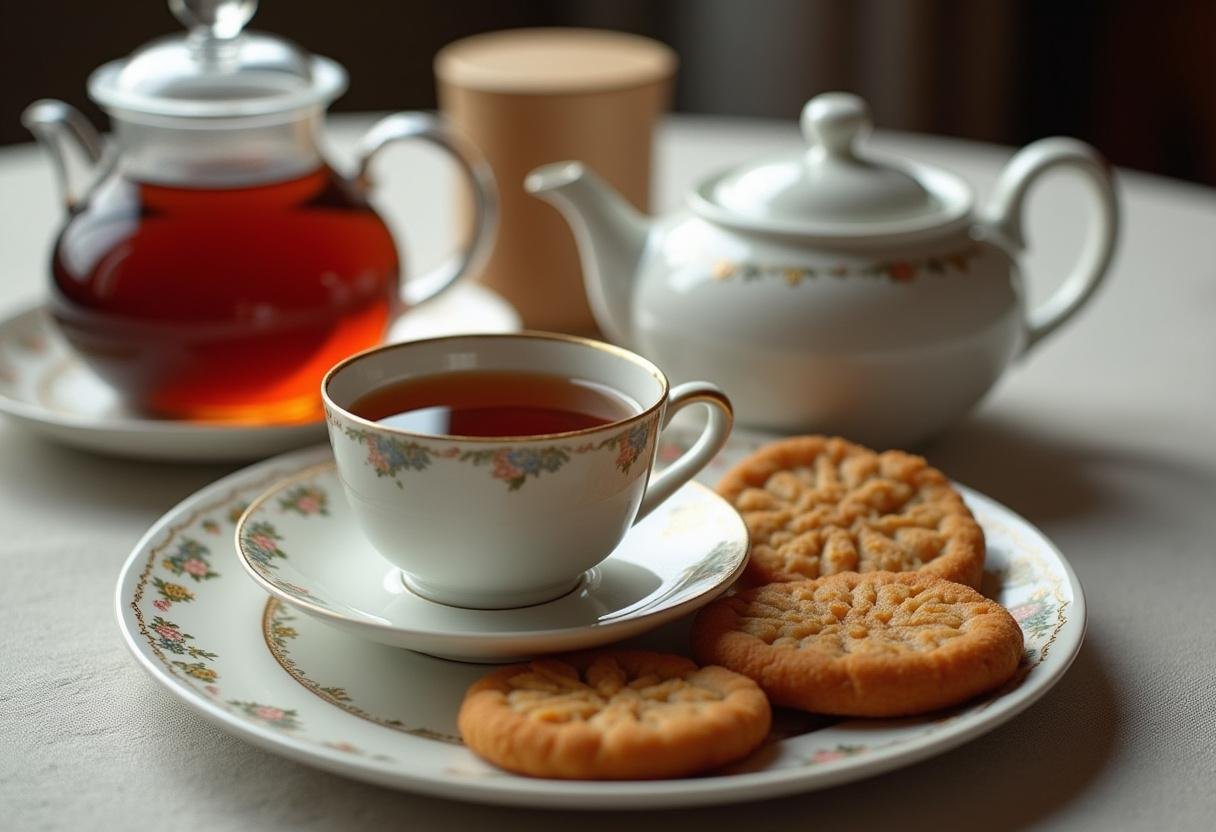 Apresentação do chá príncipe saudável com xícara e bule, perfeita para momentos relaxantes.
