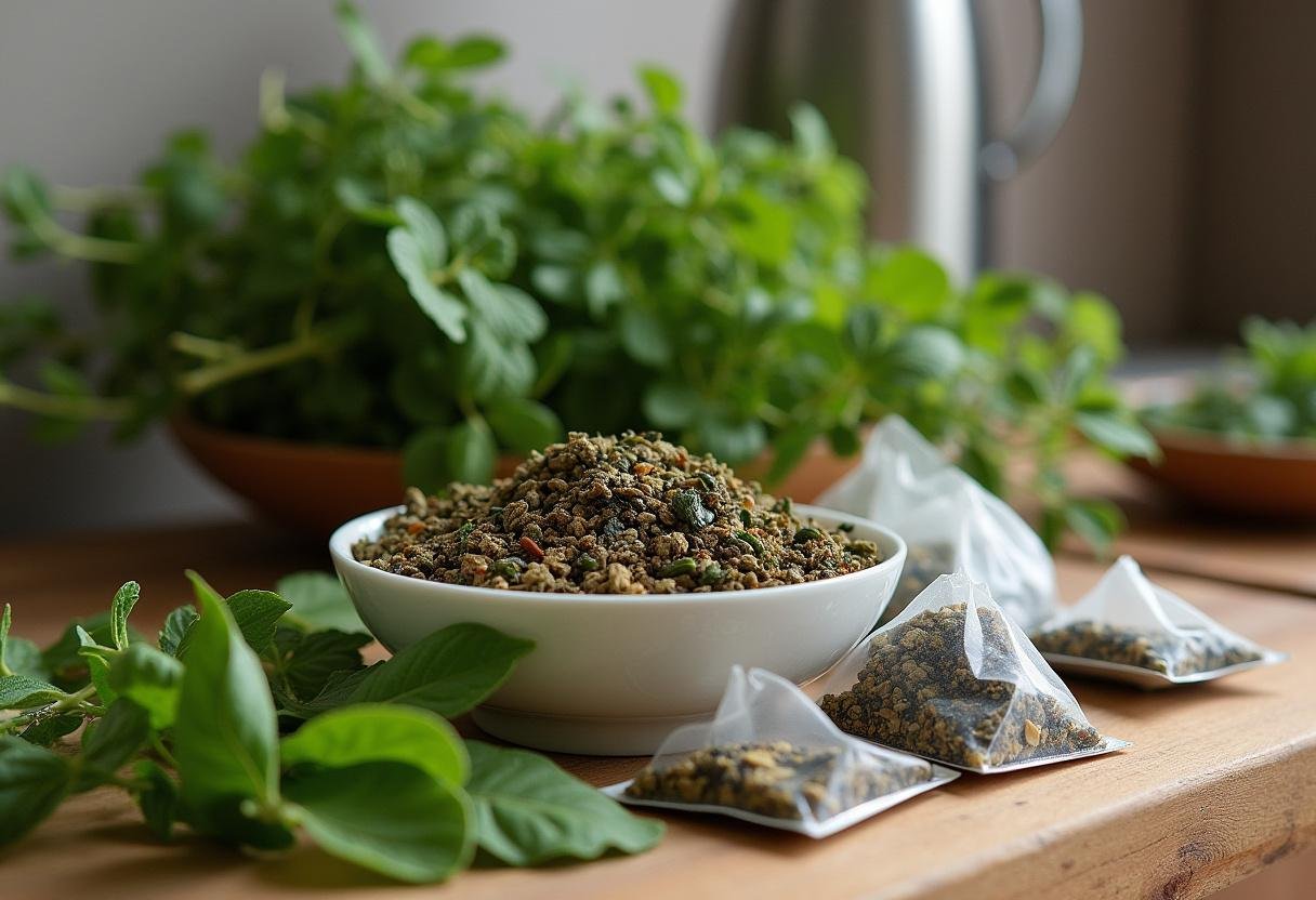 Ingredientes frescos para fazer chá príncipe saudável, incluindo ervas e saquinhos de chá.
