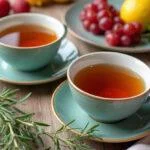 Finished rooibos chá detox tea served with fresh herbs and fruits for a refreshing experience.