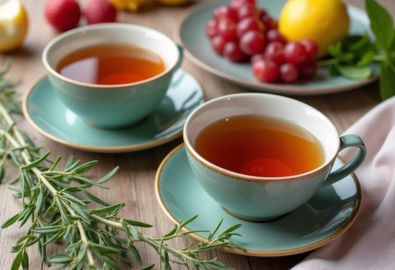 Finished rooibos chá detox tea served with fresh herbs and fruits for a refreshing experience.