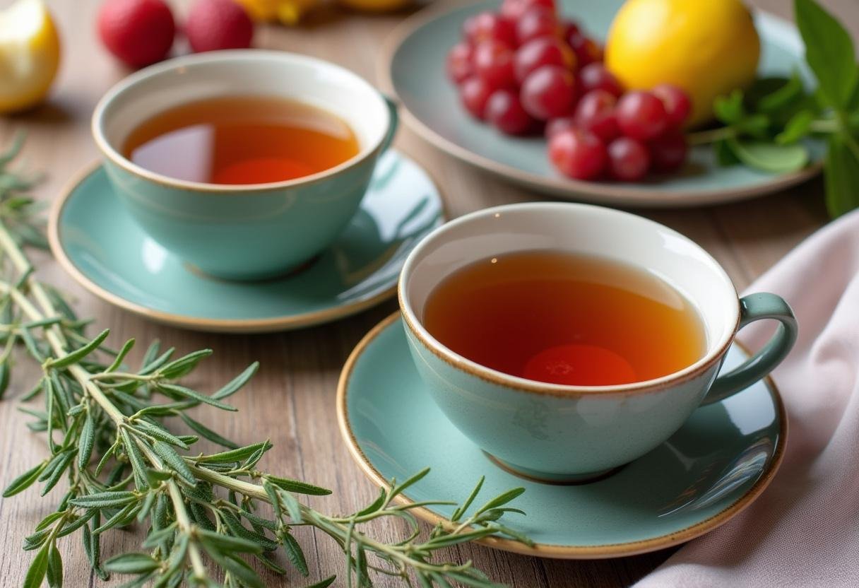 Finished rooibos chá detox tea served with fresh herbs and fruits for a refreshing experience.