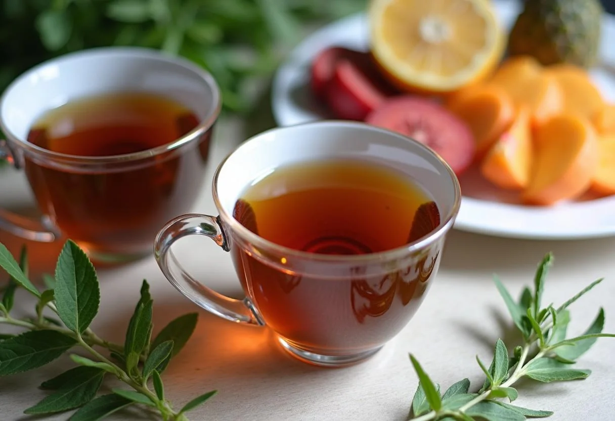 Finished rooibos chá detox tea served with fresh herbs and fruits for a refreshing experience.