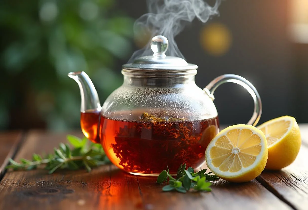 Teapot with brewed chá rooibos, fresh herbs, and lemon slices for detox benefits.