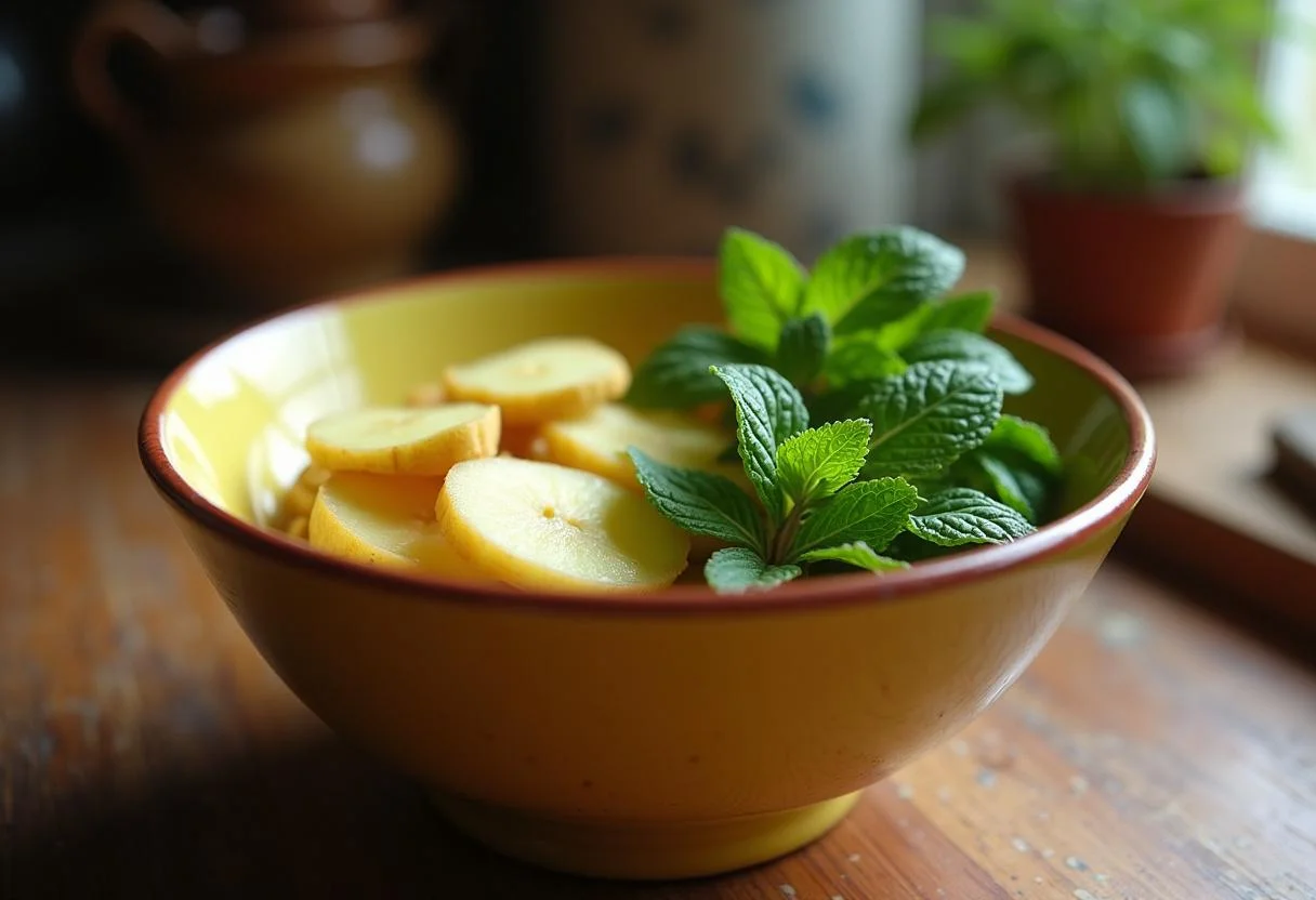 Fresh ginger and mint leaves prepared for infusion in rooibos chá for detox.