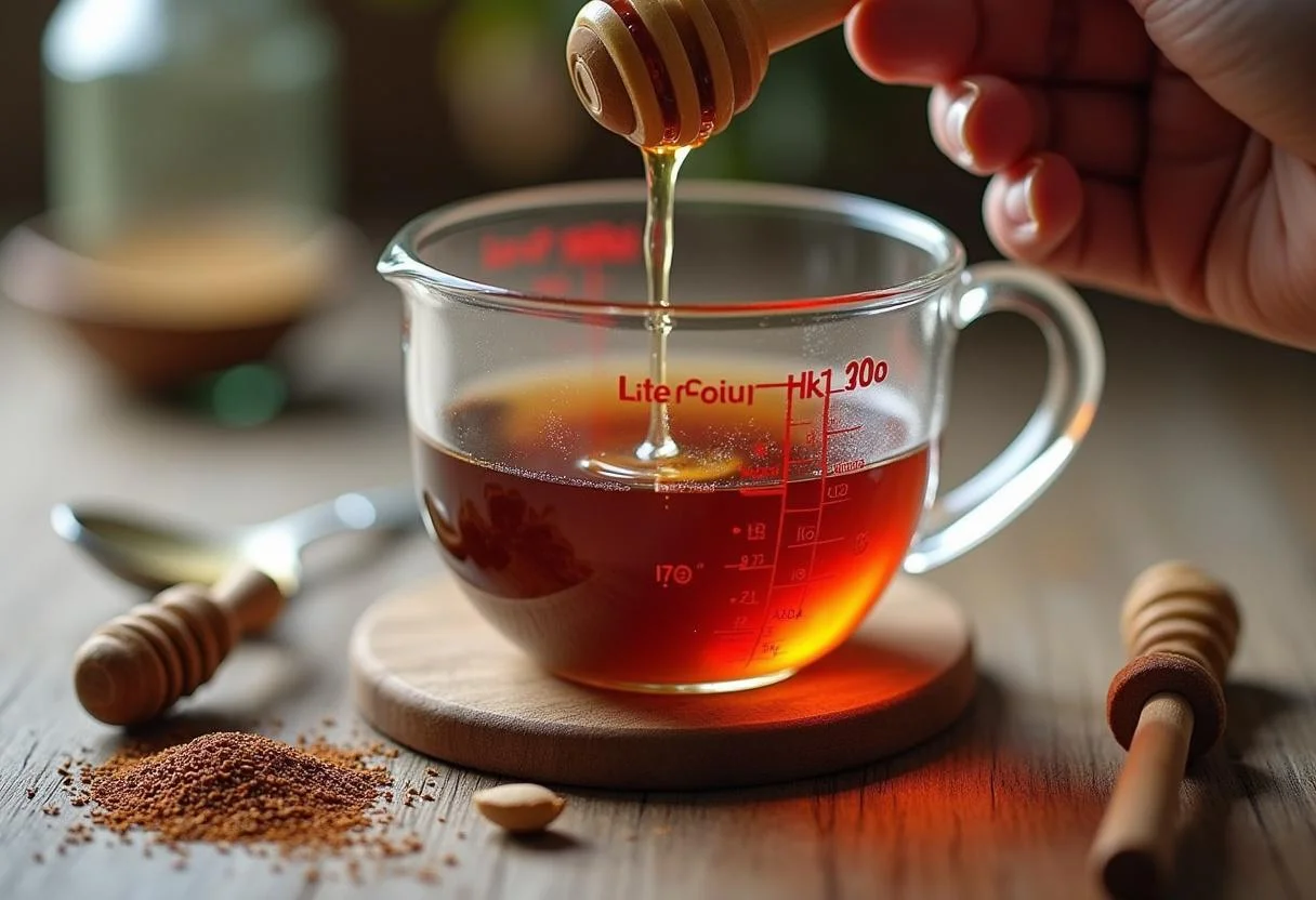 Honey being added to brewed chá rooibos for a natural sweetener in detox tea.