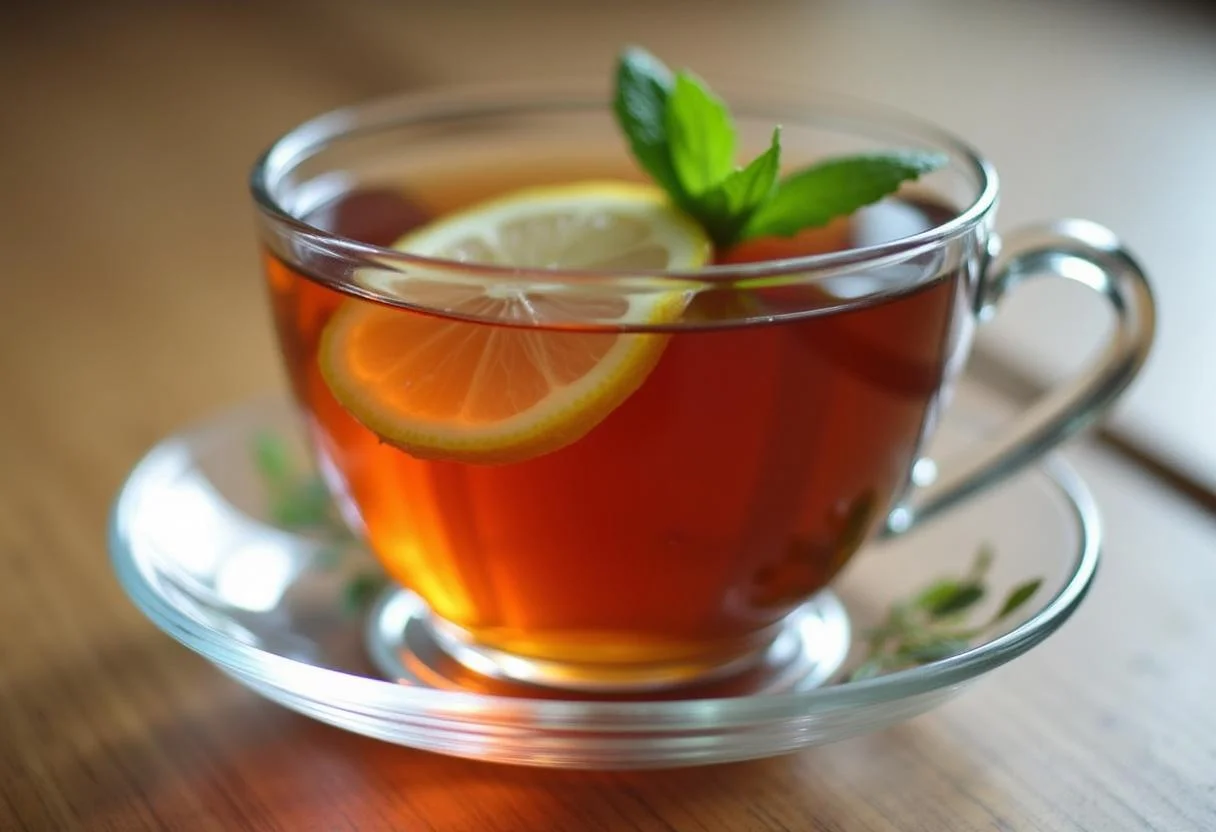 Glass teacup filled with rooibos chá detox tea, garnished with lemon and mint leaves.