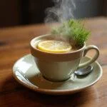Finished cup of chá de funcho natural garnished for aromatic enjoyment.