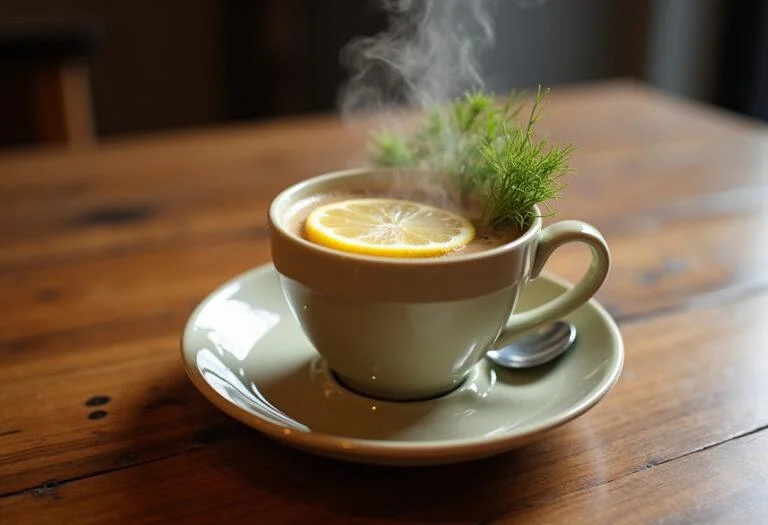 Finished cup of chá de funcho natural garnished for aromatic enjoyment.
