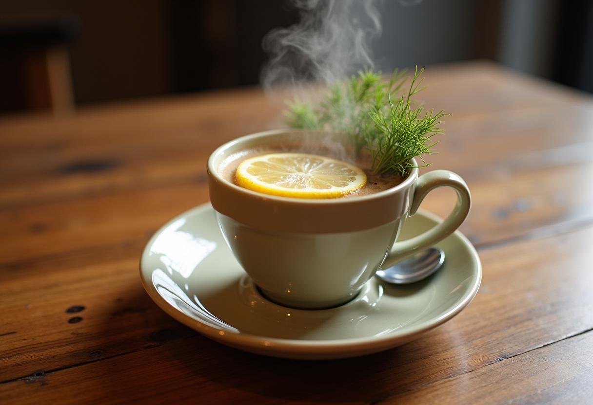 Finished cup of chá de funcho natural garnished for aromatic enjoyment.
