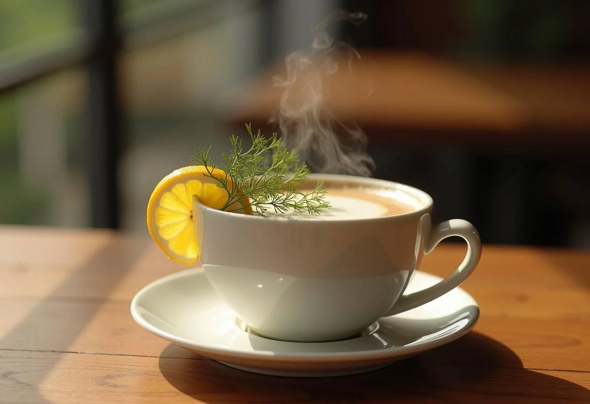 Finished cup of chá de funcho natural garnished for aromatic enjoyment.