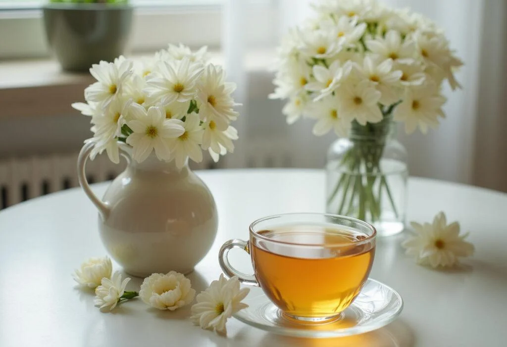 Chá de jasmim relaxante servido com flores, ideal para momentos de tranquilidade.