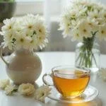 Chá de jasmim relaxante servido com flores, ideal para momentos de tranquilidade.
